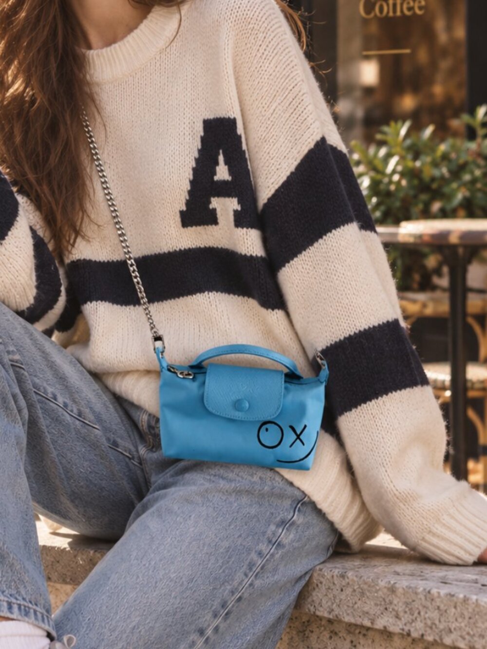 Longchamp x André Le Pliage Blue Cosmetic Case Pouch Crossbody Bag w/ Chain